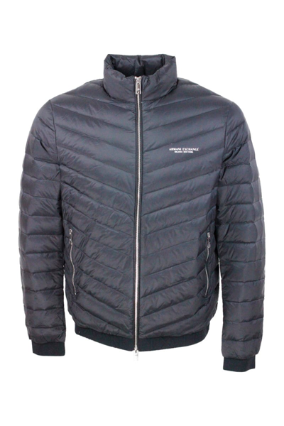 Armani Collezioni Light Down Jacket With Logoed And Elasticated Edges And Zip Closure In Grey Dark