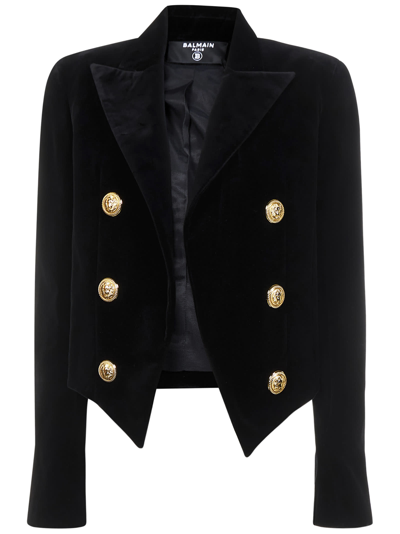 Balmain Spencer Cropped Cotton-velvet Blazer In Nero