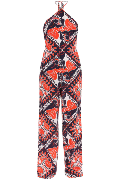 Valentino Manifesto Bandana Graphic-print Oversized Silk-crepe Jumpsuit In White,blue,red