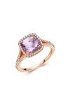 Lafonn Rose Gold Plated Sterling Silver Cushion Cut Amethyst Simulated Diamond Halo Split Shank Ring In White/ Amethyst