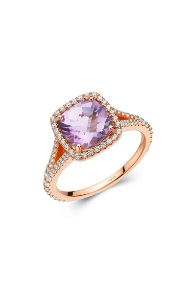 Lafonn Rose Gold Plated Sterling Silver Cushion Cut Amethyst Simulated Diamond Halo Split Shank Ring In White/ Amethyst