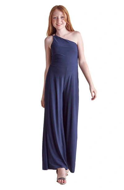 Un Deux Trois Kids' One-shoulder Wide Leg Jumpsuit In Navy