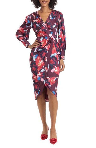 Maggy London Floral Print Long Sleeve Faux Wrap Midi Dress In Wine/ Hot  Coral | ModeSens