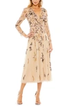 Mac Duggal Illusion Embroidered Midi Dress In Latte