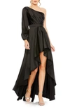 Ieena For Mac Duggal One-shoulder Long Sleeve Satin High/low Gown In Black
