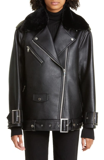 Stand Studio Jade Faux Leather & Faux Shearling Biker Jacket In Black