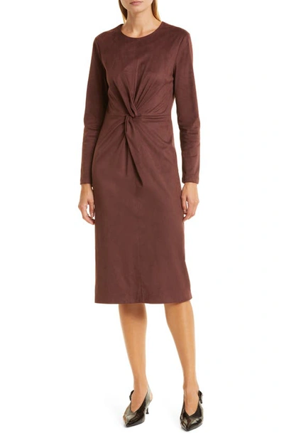 Donna Karan Front Twist Long Sleeve Faux Suede Dress In Mulberry