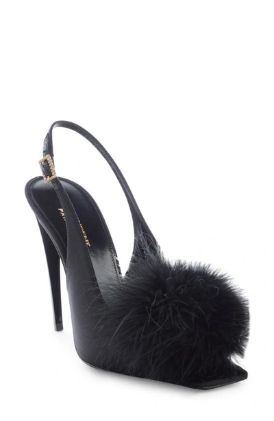 Saint Laurent Women's Mae Slingback Sandals In Crepe Satin With Feathers In Black