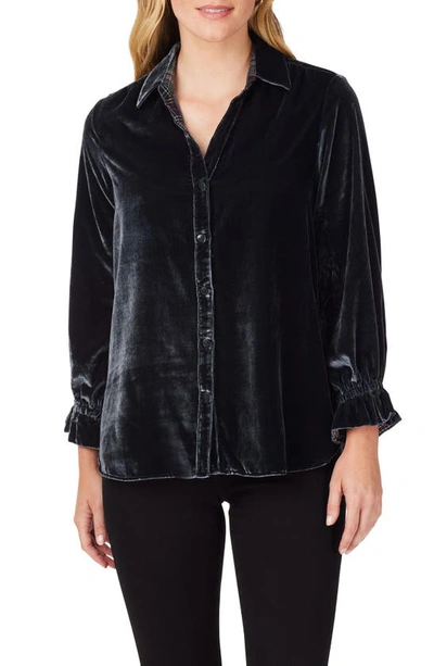 Foxcroft Riven Plush Velvet Button-up Shirt In Black