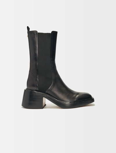 Maje Black Leather Ankle Boots And Square Toe