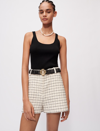 Maje Marl Tweed Shorts With Checked Motifs In Ecru Black