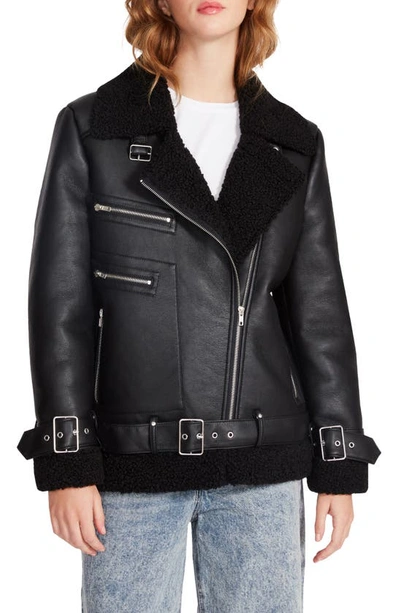 Steve Madden Quinn Sherpa Lined Faux Leather Moto Jacket In Black