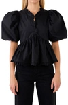 Endless Rose Ruffle Trim Puff Sleeve Peplum Cotton Top In Black