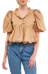 Endless Rose Ruffle Trim Puff Sleeve Peplum Cotton Top In Tan