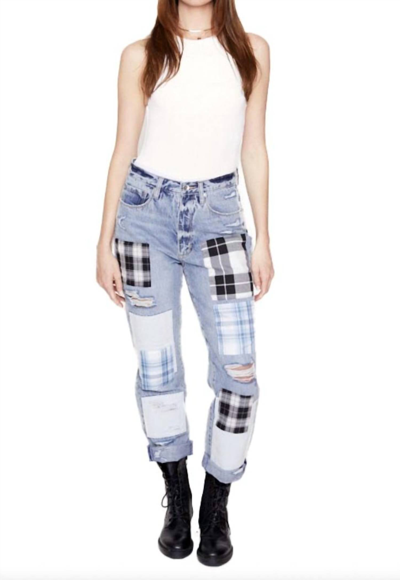 Blue Revival Plaid Patchwork Straight Jeans In Ibiza Wash In Blue