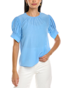 Rebecca Taylor Pleated Puff Sleeve Silk Top In Blue