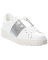 Valentino Open Studded Metallic Striped Leather Sneakers In White