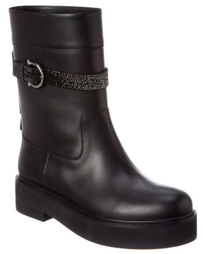 Salvatore Ferragamo Ean Crystal Embellished Leather Boot In Black