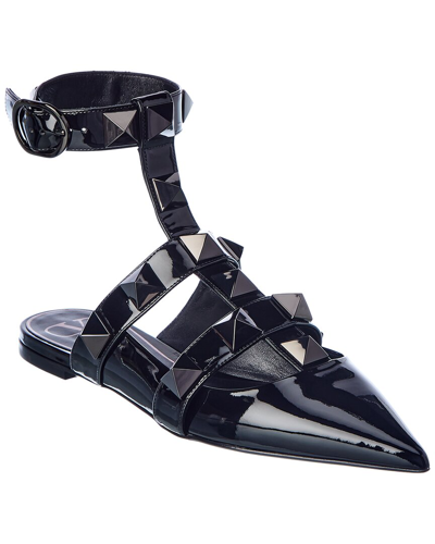 Valentino Garavani Roman Stud Patent Ankle Strap Flat In Black