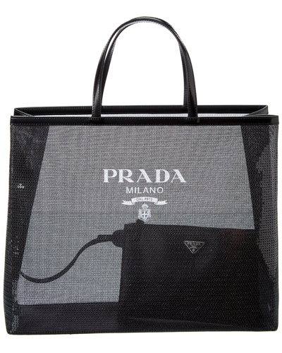 Prada Logo Sequined Mesh & Leather Tote In Black | ModeSens