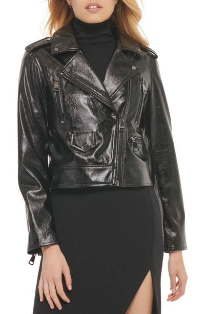 Dkny Women's Crackle Faux-leather Long-sleeve Moto Jacket In Black