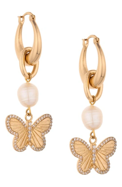 Ettika Butterfly High Pearl 18k Gold Plated Drop Earrings