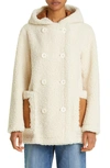 Stand Studio Khalessi Hooded Double-breasted Faux Suede-trimmed Faux Shearling Coat In Off White/ Tan