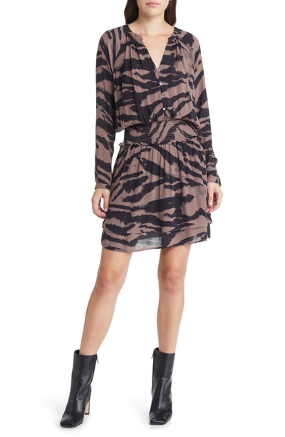 Rails Jasmine Tiger Stripe Smocked Waist Long Sleeve Dress In Mocha Bengal