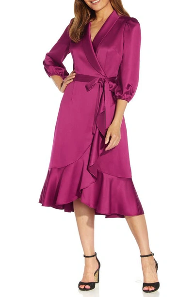 Adrianna Papell Satin Crepe Wrap Midi Dress In Red