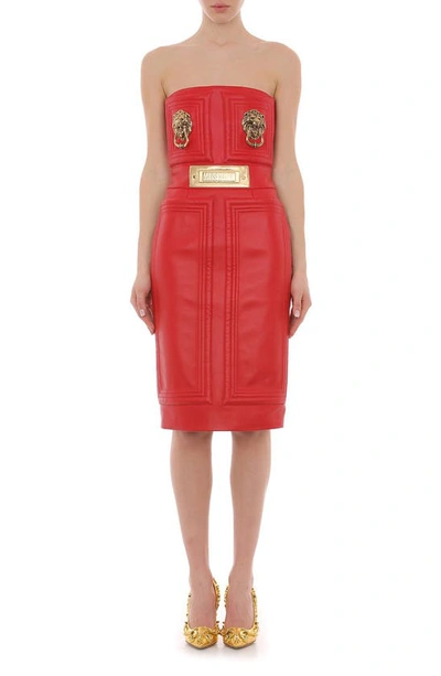 Moschino Door Knocker Strapless Leather Dress In Fantasy Print Red |  ModeSens