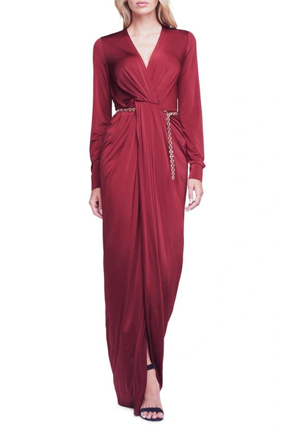 L Agence Thea Twist Front Chain Long Sleeve Gown In Black Cherry