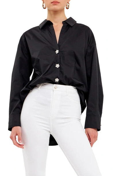 English Factory Imitation Pearl Button-up Cotton Shirt In Black