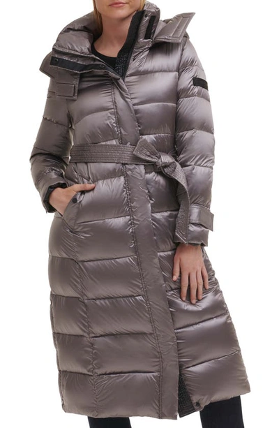 Karl Lagerfeld Contrast Belted Longline Puffer Jacket In Gunmetal