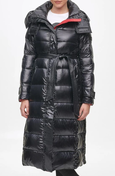 Karl Lagerfeld Contrast Belted Longline Puffer Jacket In Black