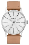 Nixon Sentry Leather Strap Watch, 42mm In All Silver / Tan