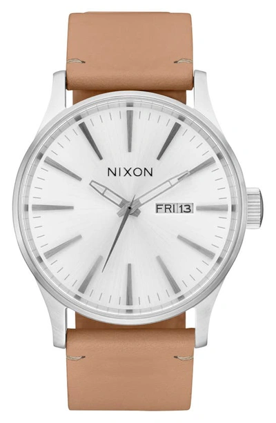 Nixon Sentry Leather Strap Watch, 42mm In All Silver / Tan