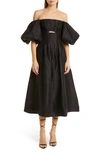Aje Eugenie Off The Shoulder Puff Sleeve A-line Linen Blend Midi Dress In Black