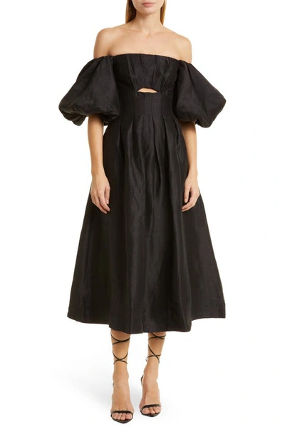 Aje Eugenie Off The Shoulder Puff Sleeve A-line Linen Blend Midi Dress In Black