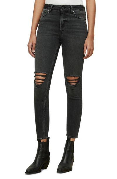 Allsaints Dax Sizeme Ripped High Waist Ankle Skinny Jeans In Washed Black