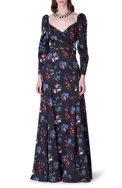 Carolina Herrera Floral-print Crossover Cutout Puff-sleeve Gown In Black