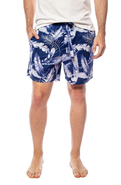The Lazy Poet Plume Leaf Print Pajama Shorts In Blue