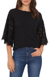 Vince Camuto Sequin Lace Sleeve Mixed Media Sweater In Rich Black