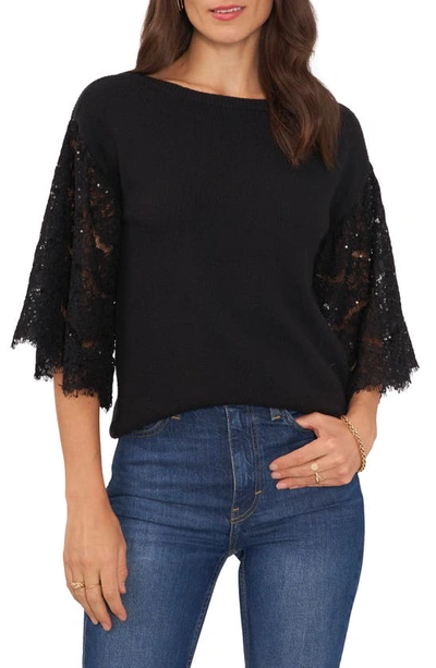 Vince Camuto Sequin Lace Sleeve Mixed Media Sweater In Black