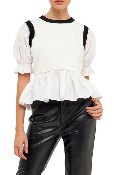 English Factory Mixed Media Puff Sleeve Peplum Top In Cream Multi