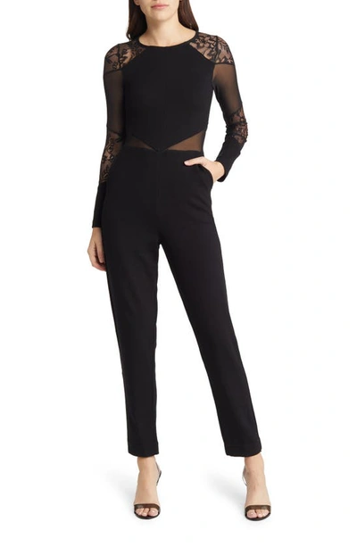 French Connection Vivien Mesh Panel Long Sleeve Jumpsuit In Black