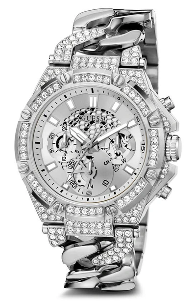 Guess Multifunction Crystal Skeleton Curb Chain Bracelet Watch, 46mm In Silver/silver/silver