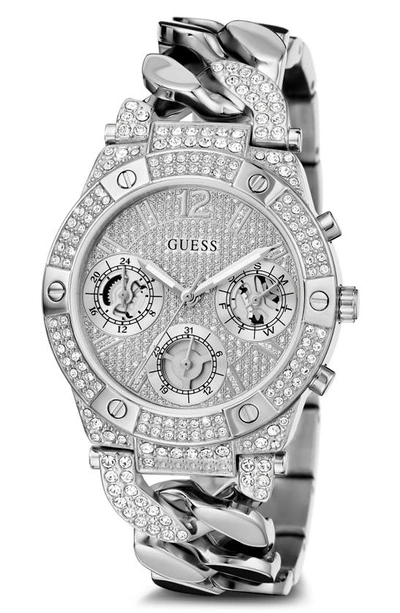 Guess Multifunction Crystal Pavé Curb Chain Bracelet Watch, 36mm In Silver/silver/silver