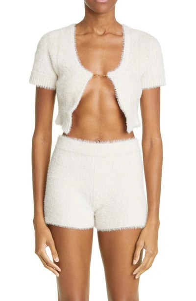 Jacquemus La Maille Neve Cropped Brushed Knitted Cardigan In Ivory