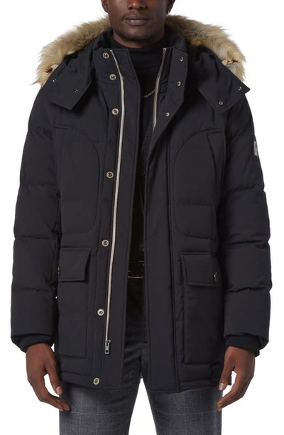 Andrew Marc Olmstead Hooded Down Puffer Jacket With Faux Fur Trim In Black