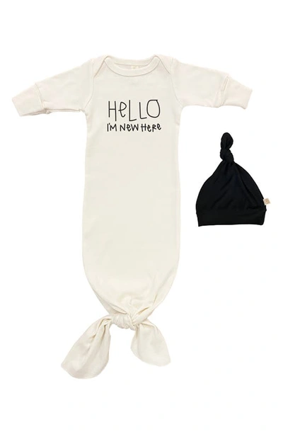 Tenth & Pine Babies'  Hello, I'm New Here Organic Cotton Tie Gown & Hat Set In Natural